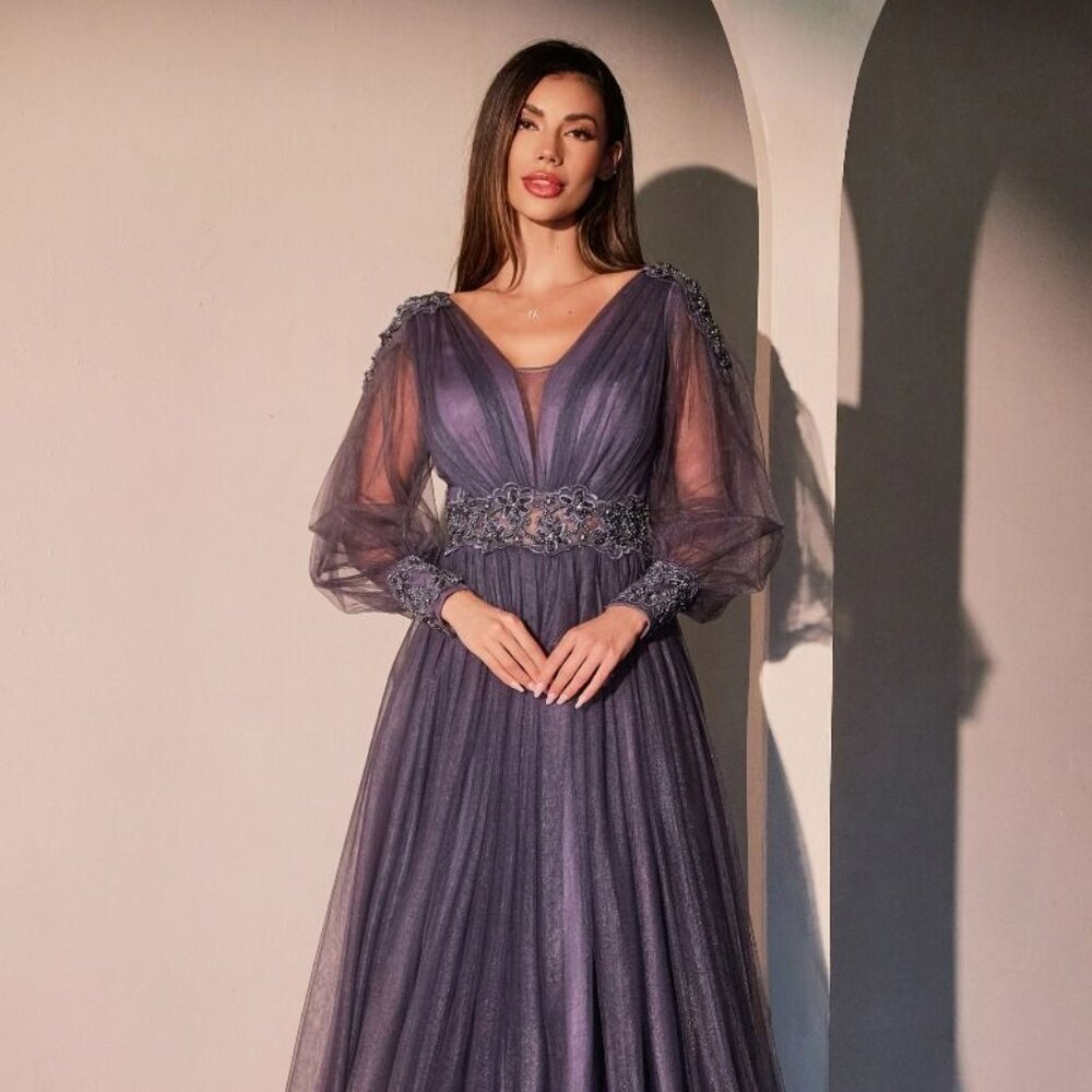 New Mob A-Line Tulle Dress w/ Sheer Long Sleeves & Pearls Embroidery CD0938